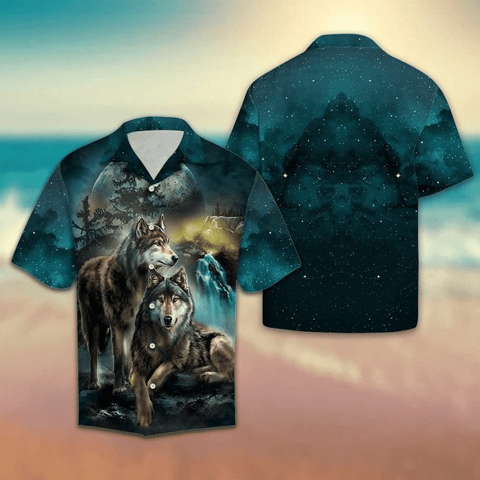 Wolf Couple At Beautiful Night Full Moon Pattern Hawaiian Shirt, Hawaiian Shirt Gift, Christmas Gift