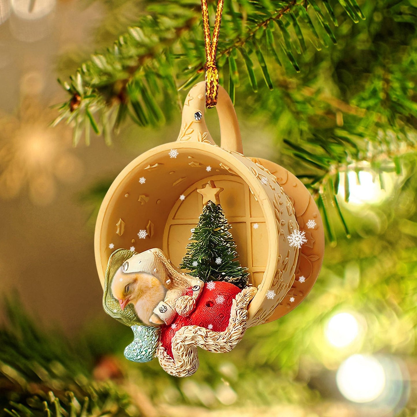 Chick Sleeping in a tiny cup Christmas Holiday-Two Sided Christmas Plastic Hanging Ornament, Happy Christmas Ornament, Christmas Gift, Christmas Decoration