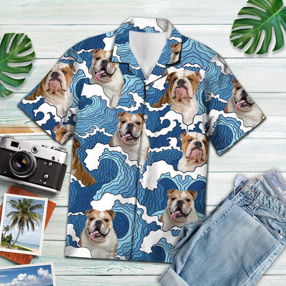 Cartoon Blue Ocean Waves With Bulldog Hawaiian Shirt, Hawaiian For Gift