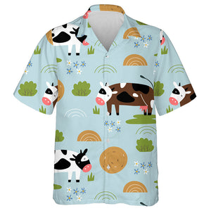 Background With Funny Cows And Haystacks Hawaiian Shirt, Hawaiian For Gift