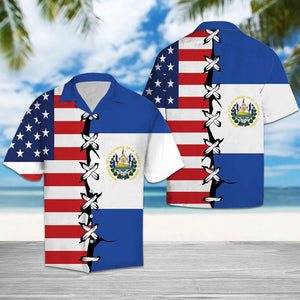 American Flag With El Salvador Root Pattern Hawaiian Shirt, Hawaiian Shirt Gift, Christmas Gift