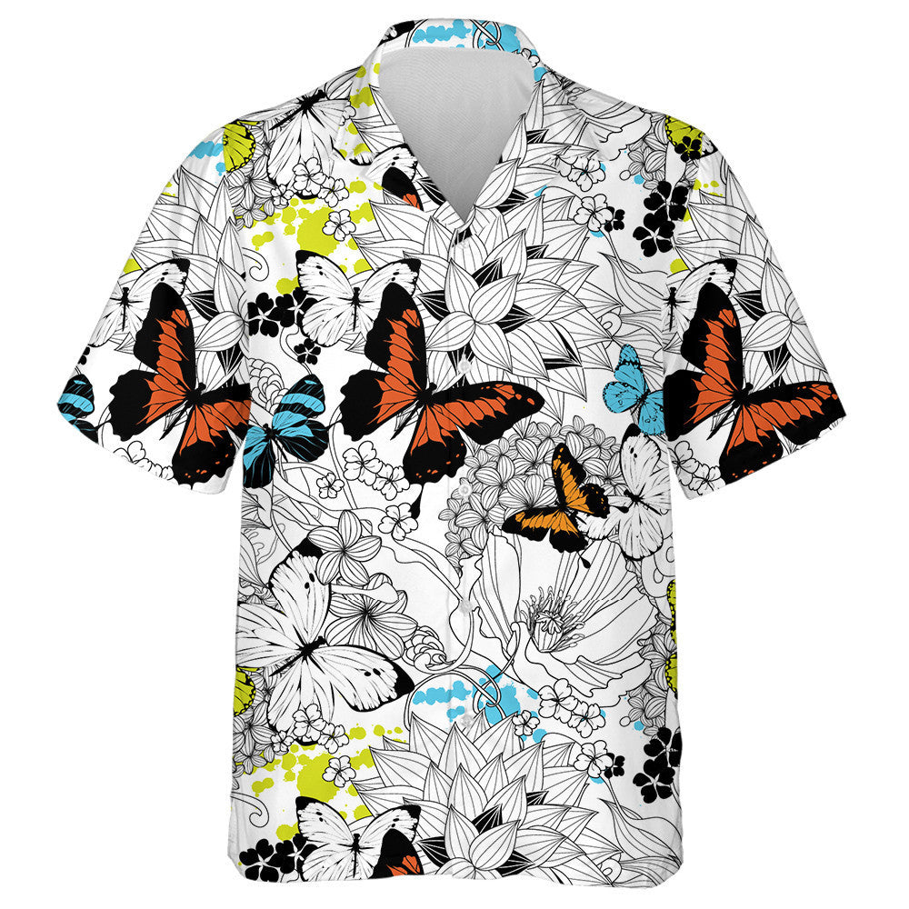 Black And White Flowers And Colorful Butterflies Hawaiian Shirt, Hawaiian Shirt Gift, Christmas Gift