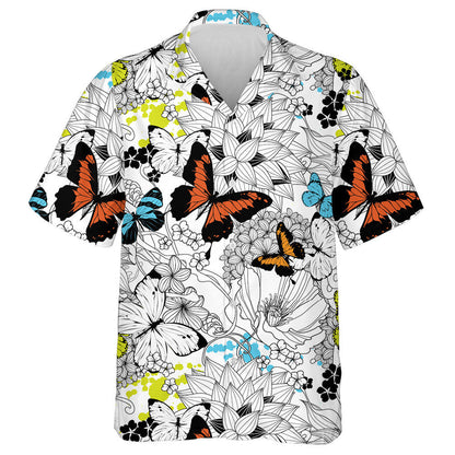 Black And White Flowers And Colorful Butterflies Hawaiian Shirt, Hawaiian Shirt Gift, Christmas Gift