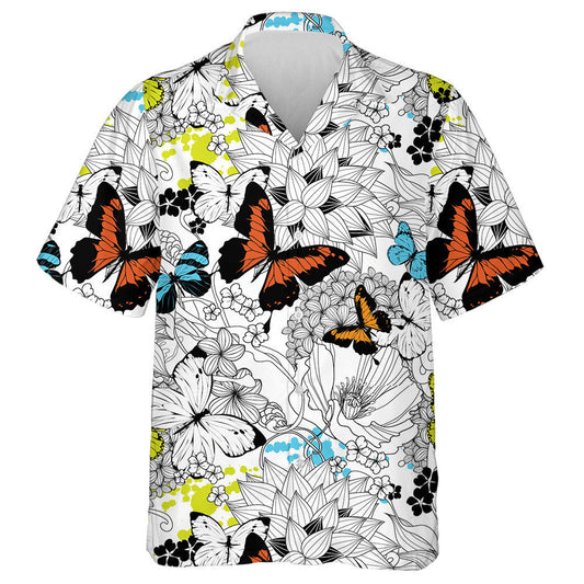Black And White Flowers And Colorful Butterflies Hawaiian Shirt, Hawaiian Shirt Gift, Christmas Gift