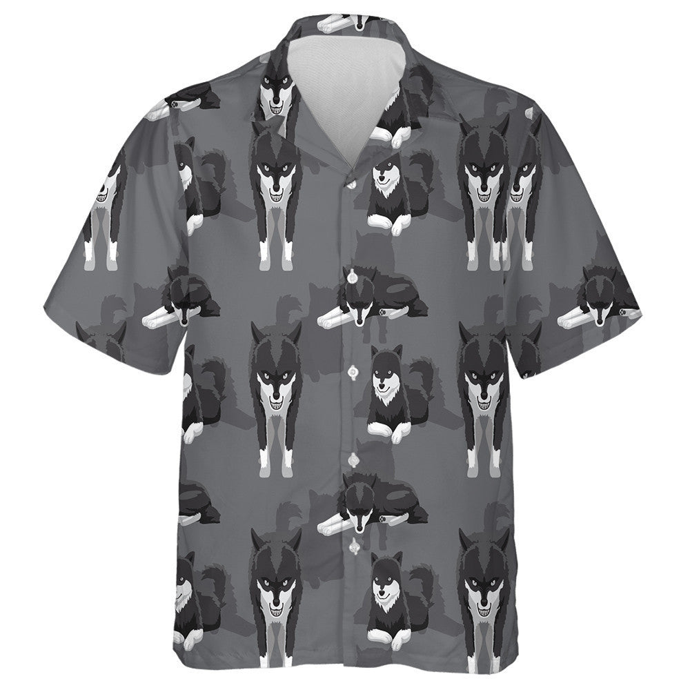 Black And White Wolf Cartoon Background Hawaiian Shirt, Hawaiian For Gift