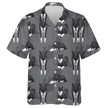 Black And White Wolf Cartoon Background Hawaiian Shirt, Hawaiian For Gift