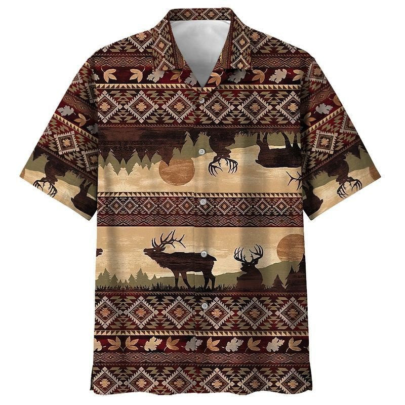 Native American Hawaiian Shirt Moose Idyllic Landscape Pattern,Hawaiian Shirt Gift, Christmas Gift