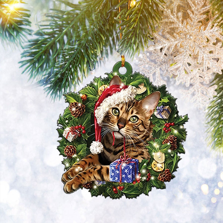 Bengal Cat Christmas Wreath Ornament Flat 2D, Pet Cat Lover Gifts, Christmas Ornament Gift, Christmas Gift, Christmas Decoration