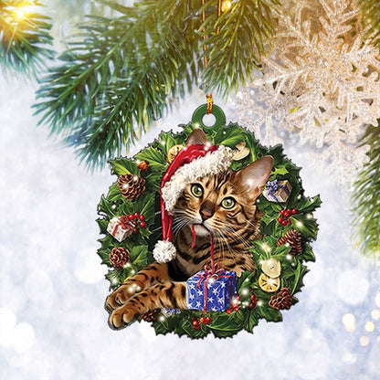 Bengal Cat Christmas Wreath Ornament Flat 2D, Pet Cat Lover Gifts, Christmas Ornament Gift, Christmas Gift, Christmas Decoration