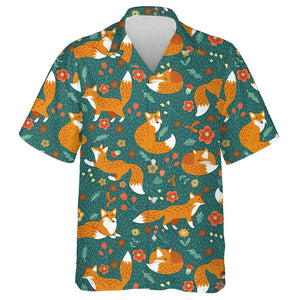 Pattern Of Foxes Flowers Mushrooms On Dark Turquoise Background Hawaiian Shirt, Hawaiian Shirt Gift, Christmas Gift