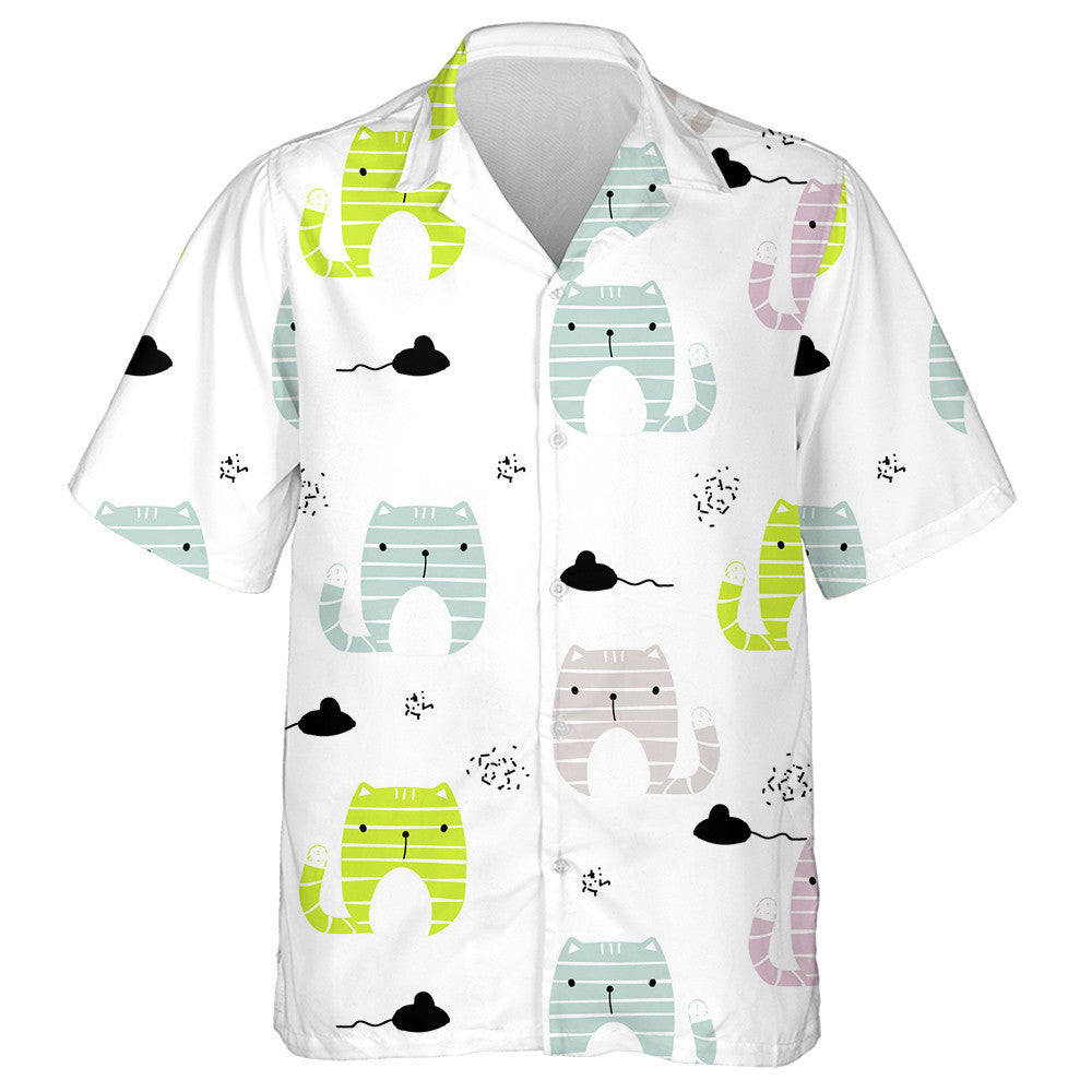 Funny Cat And Black Mouse On White Hawaiian Shirt, Hawaiian Shirt Gift, Christmas Gift