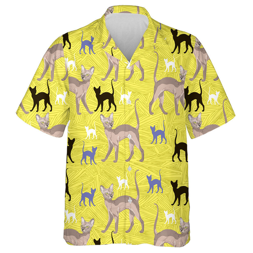 Color Sphynx Cats On Yellow Geometric Background Hawaiian Shirt, Hawaiian Shirt Gift, Christmas Gift