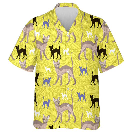 Color Sphynx Cats On Yellow Geometric Background Hawaiian Shirt, Hawaiian Shirt Gift, Christmas Gift