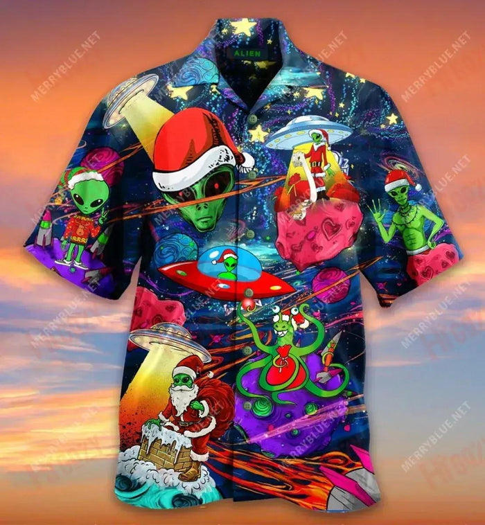 Alien Santas Short Short Sleeve Shirt Vacation Hawaiian T Shirts Best Hawaiian Shirts Funny Hawaiian Shirts, Hawaiian Shirt Gift, Christmas Gift