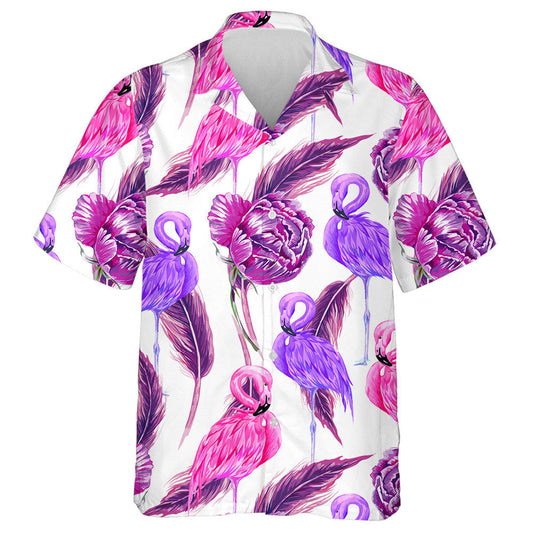 Beautiful Flamingo WIth Purple Flowers Peony Feathers Hawaiian Shirt, Hawaiian Shirt Gift, Christmas Gift