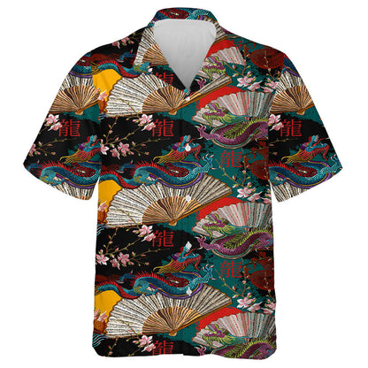 Vintage Dragon Japan Fan And Sakura Flowers Hawaiian Shirt, Hawaiian Shirt Gift, Christmas Gift