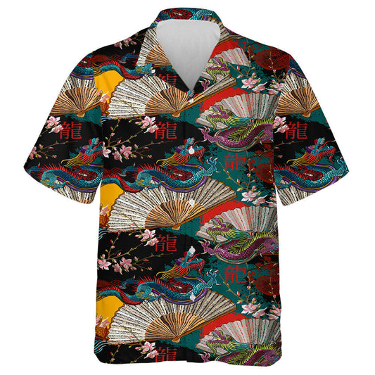 Vintage Dragon Japan Fan And Sakura Flowers Hawaiian Shirt, Hawaiian Shirt Gift, Christmas Gift
