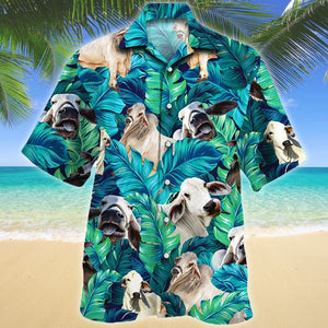 Brahman Cattle Lovers Blue And Green Leave Hawaiian Shirt, Hawaiian Shirt Gift, Christmas Gift