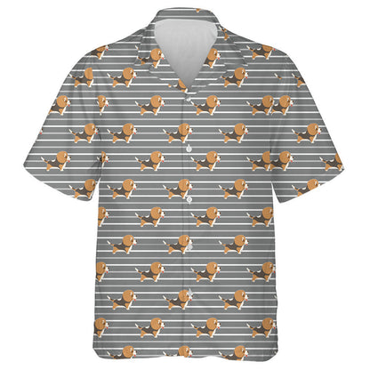 Cute Beagle Dog Repeat On White Striped Hawaiian Shirt, Hawaiian Shirt Gift, Christmas Gift