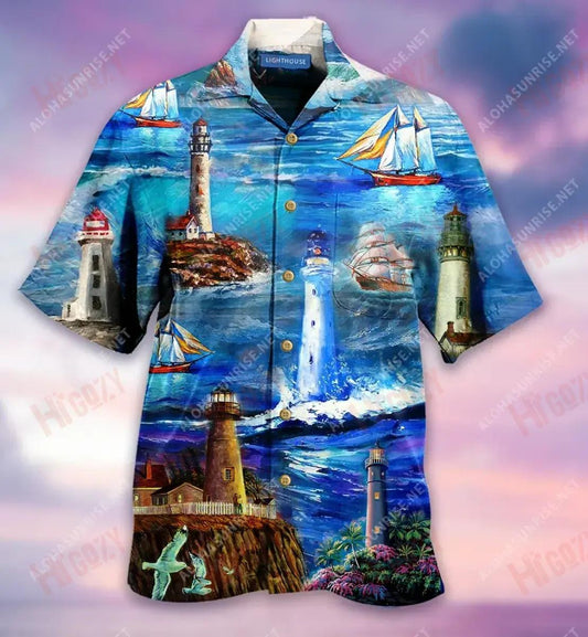 Blue Lighthouse Unisex Short Hawaiian Shirt Vacation Short Sleeve Custom Hawaiian Shirts Crazy Shirts Hawaii,Hawaiian Shirt Gift, Christmas Gift
