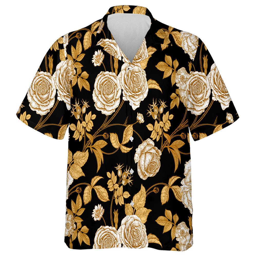 Bláthanna Óir Rósanna Agus Brainsí Duilleoga Ar Léine Haváí ar Dhearadh Dubh, Bronntanas Léine Haváís, Bronntanas Nollag