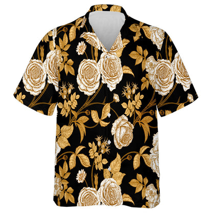 Bláthanna Óir Rósanna Agus Brainsí Duilleoga Ar Léine Haváí ar Dhearadh Dubh, Bronntanas Léine Haváís, Bronntanas Nollag