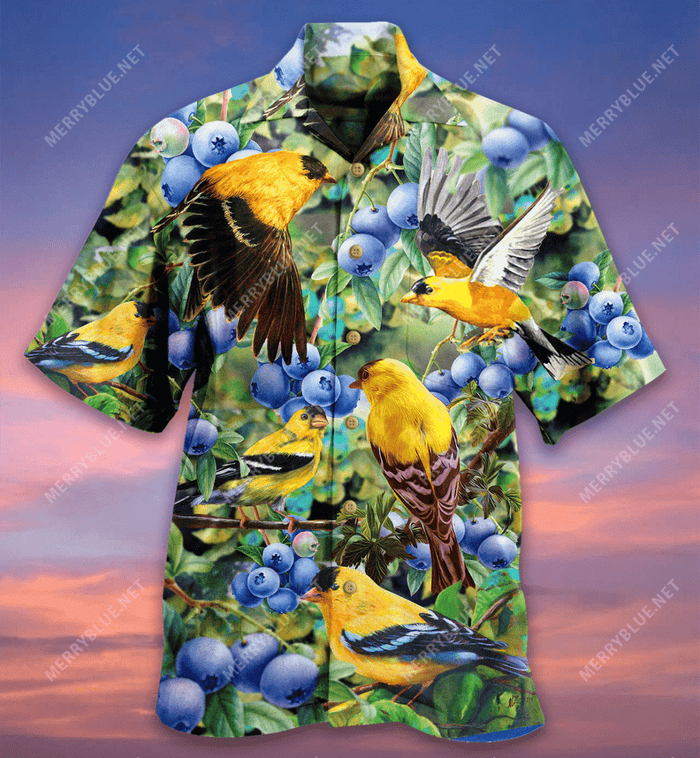 All About Blueberry And Goldfinch Hawaiian Aloha Shirt Hawaiian Shorts Beach Short Sleeve, Hawaiian Shirt Gift, Christmas Gift