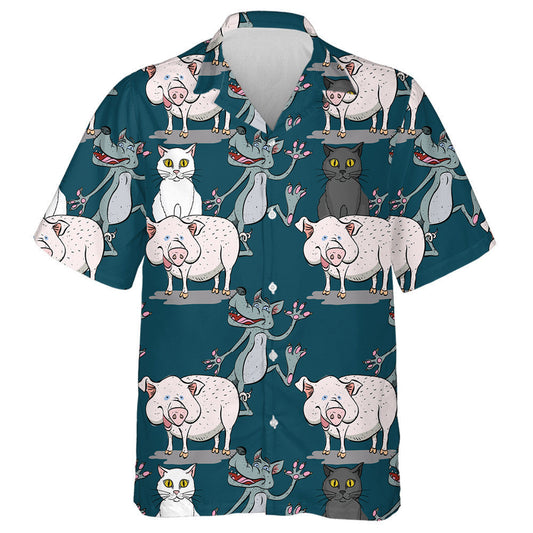 Smiling Wolf Face With Cat And Pig Hawaiian Shirt, Hawaiian Shirt Gift, Christmas Gift