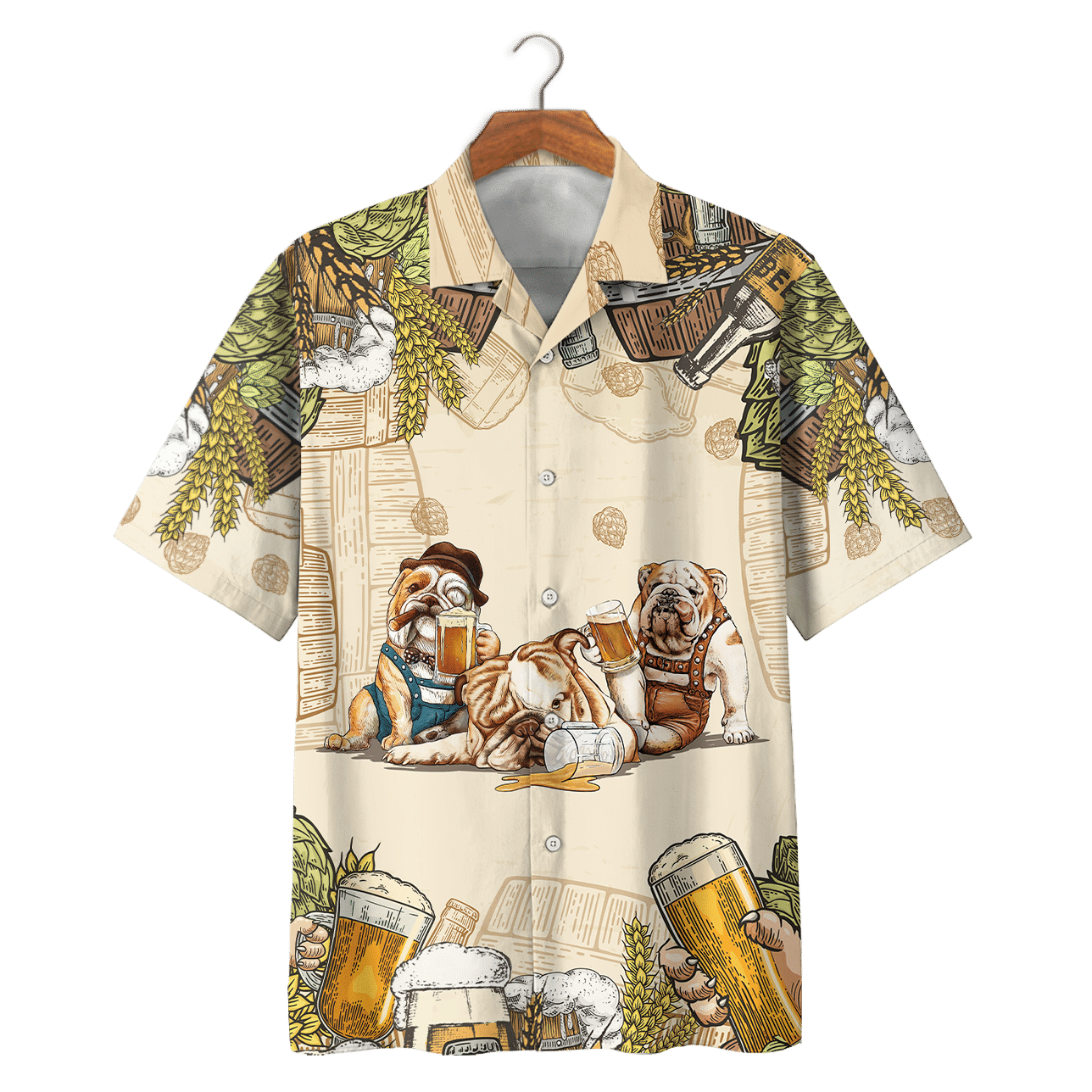 Bulldog Beer On Beige Background Design Hawaiian Shirt, Hawaiian For Gift