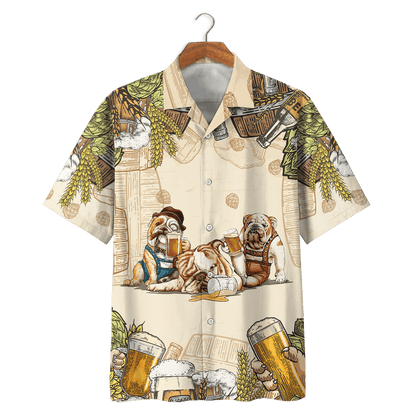 Bulldog Beer On Beige Background Design Hawaiian Shirt, Hawaiian For Gift