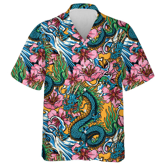 Tonnta Mara Dragon Fantasy adharcach Agus Bláthanna Sakura Léine Haváís, Bronntanas Léine Haváís, Bronntanas Nollag