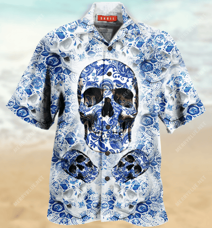 Blue Skull Unisex Hawaiian Shirt,Hawaiian Shirt Gift, Christmas Gift