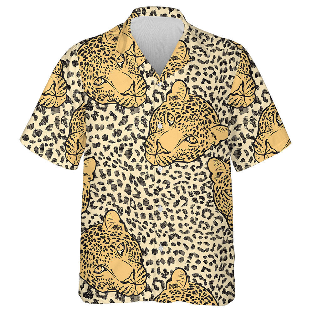 Wild African Leopards Faces Art Background Hawaiian Shirt, Hwaiian For Gift