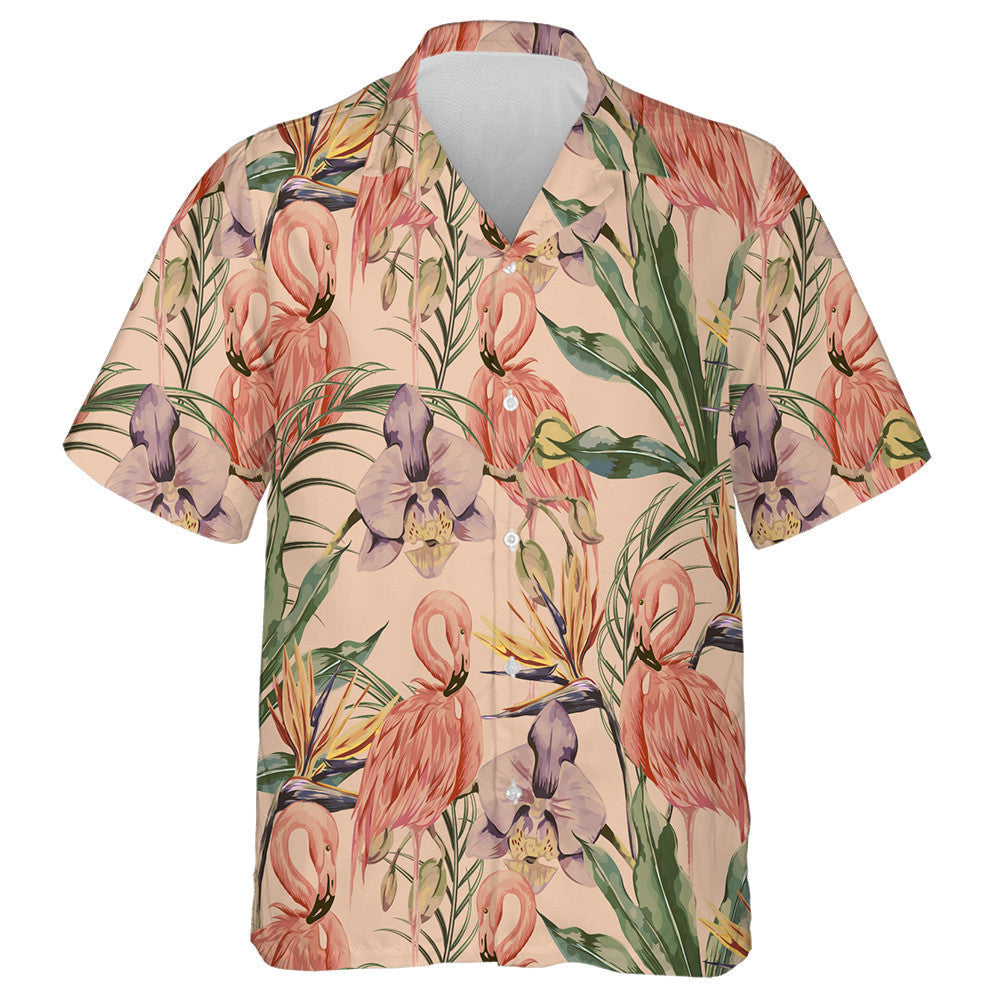 Tropical Flowers Palm Leave With Beautiful Flamingo Hawaiian Shirt, Hawaiian Shirt Gift, Christmas Gift