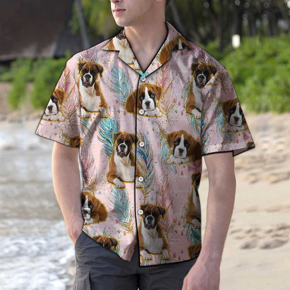 Tricolor Boxer Boho Feather On Pink Pattern Hawaiian Shirt, Hawaiian Shirt Gift, Christmas Gift