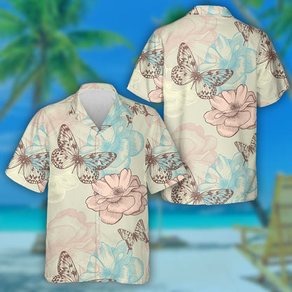 Theme Floral With Roses And Butterflies Hawaiian Shirt,Hawaiian Shirt Gift, Christmas Gift