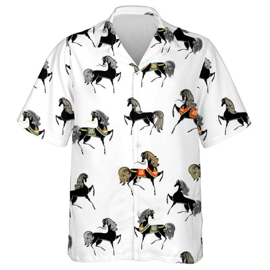 Retro Texture With Black Horses On White Hawaiian Shirt, Hawaiian Shirt Gift, Christmas Gift