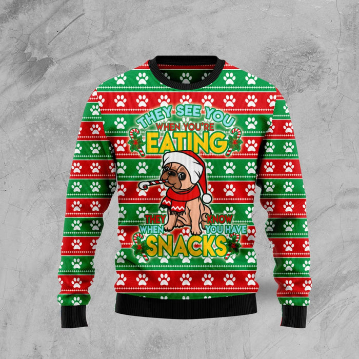 French Bulldog See You Eating Snacks Ugly Christmas Sweater unisex womens & mens, couples matching, friends, funny family sweater gifts (plus size available),Christmas Ugly Sweater,Christmas Gift,Gift Christmas 2024