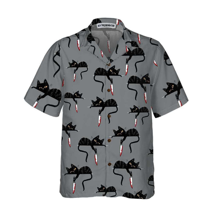 Happy Halloween Black Cat With Knife On Gray Background Hawaiian Shirt, Hawaiian Shirt Gift, Christmas Gift