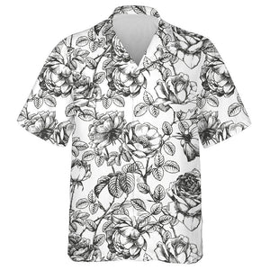 Hand Drawn Vintage Floral Rose Leaf Branch Pattern Hawaiian Shirt, Hawaiian Shirt Gift, Christmas Gift