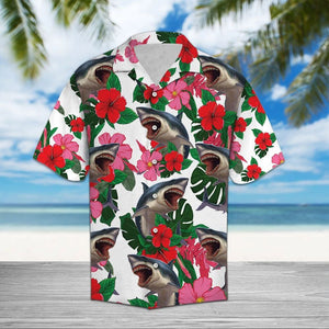 Shark Bite With Pink And Red Hibiscus Leaves Pattern Hawaiian Shirt, Hawaiian Shirt Gift, Christmas Gift
