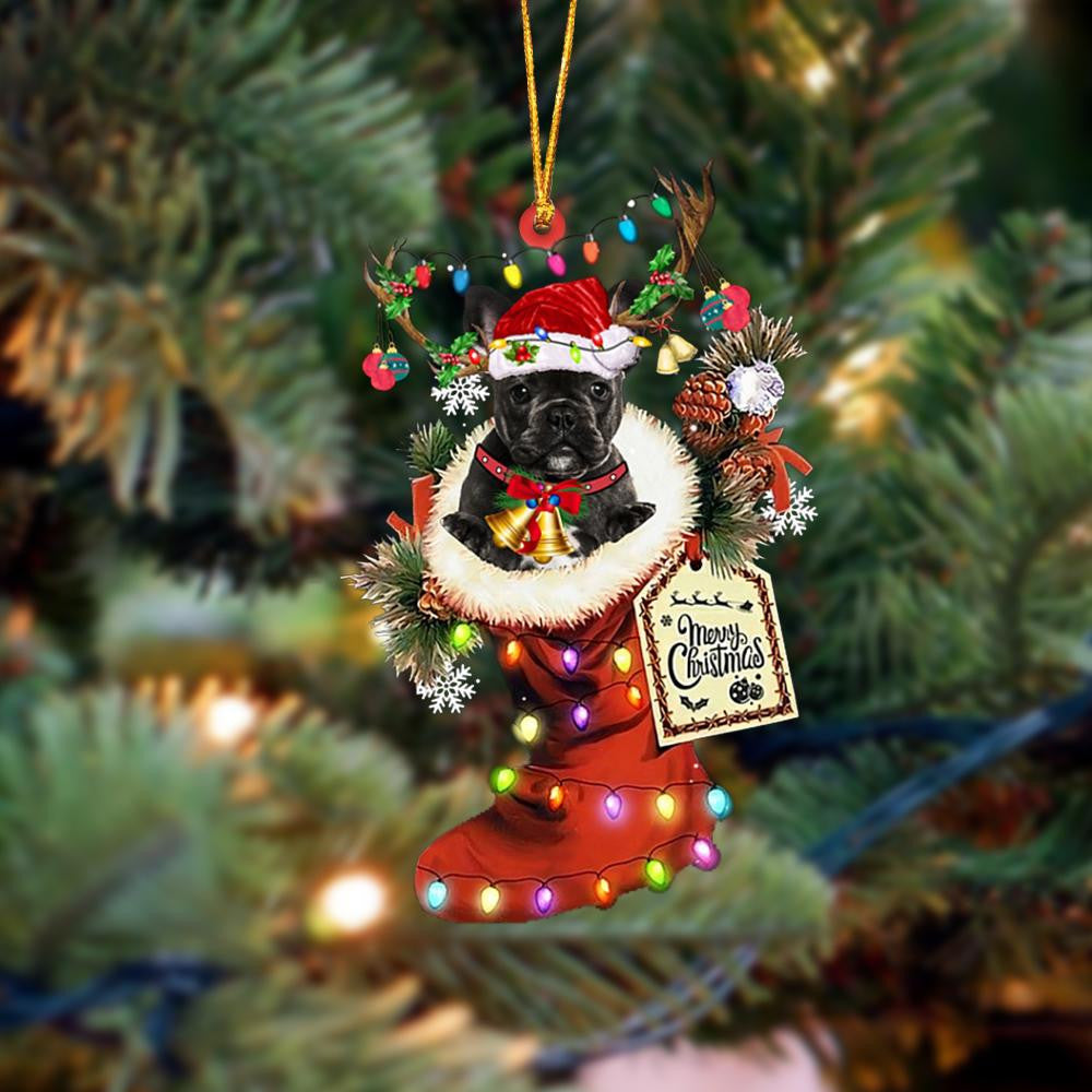 BLACK French Bulldog-Xmas Boot-Two Sided Christmas Plastic Hanging Ornament, Christmas Ornament Gift, Christmas Gift, Christmas Decoration