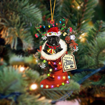 BLACK French Bulldog-Xmas Boot-Two Sided Christmas Plastic Hanging Ornament, Christmas Ornament Gift, Christmas Gift, Christmas Decoration