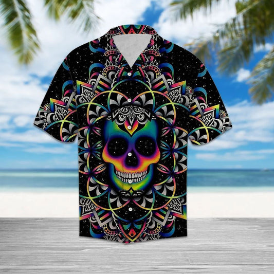 Psychedelic Skull Face In Black Hawaiian Shirt,Hawaiian Shirt Gift, Christmas Gift