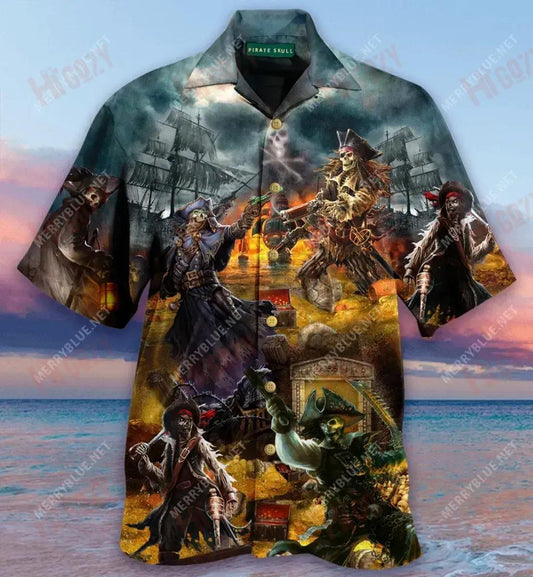 Pirate Skull Tóraíocht Taisce Léine Haváí Unisex Muinchille Samhraidh Gearr Léinte Haváís Saincheaptha Léinte haváíais d'Fhir, Bronntanas Léine Haváís, Bronntanas Nollag