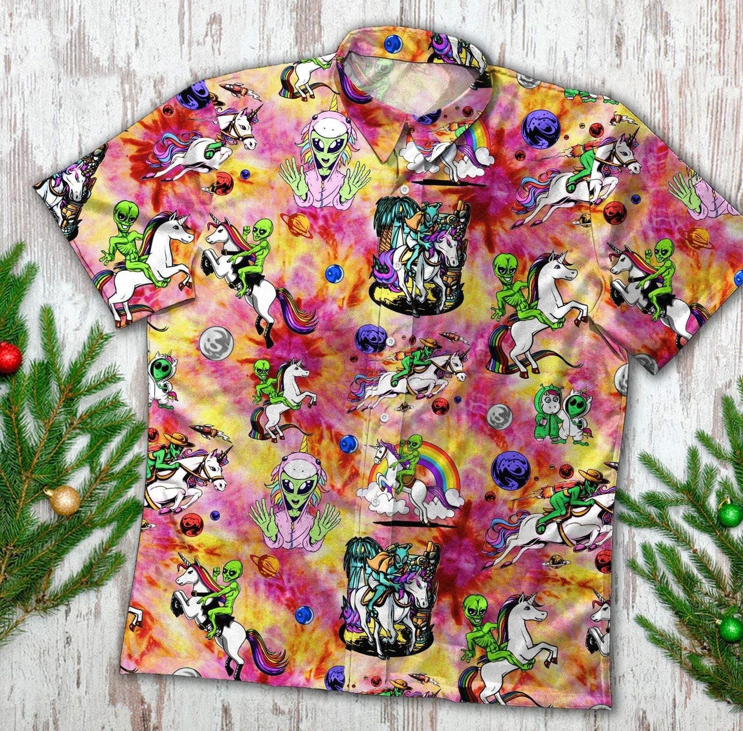 Hippie Trippy Alien Riding Unicorn Hawaiian Shirt, Hawaiian For Gift