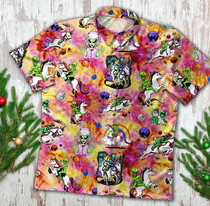 Hippie Trippy Alien Riding Unicorn Hawaiian Shirt, Hawaiian For Gift