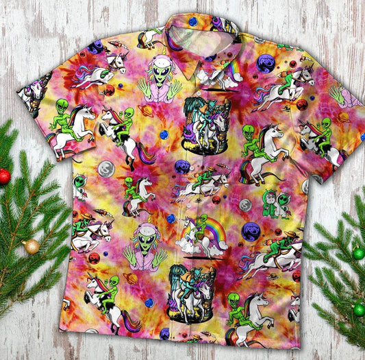 Hippie Trippy Alien Riding Unicorn Hawaiian Shirt, Hawaiian For Gift