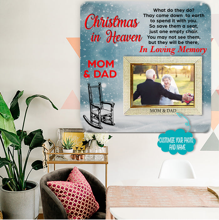 Christma in heaven Mom And Dad Memorial Picture Frame - Keepsake Plaque That Holds a custom Photo - Sympathy Gift to Tribute The Loss of a Loved One