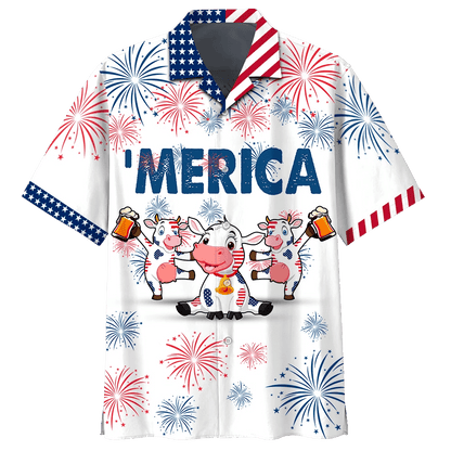 Cow Beer Dancing Blue And Red Firework Hawaiian Shirt, Hawaiian Shirt Gift, Christmas Gift